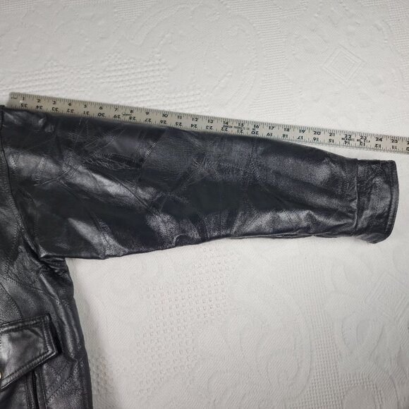 Leather & Soul jacket leather patchwork pockets snaps elastic waist size Med blk - Picture 7 of 14